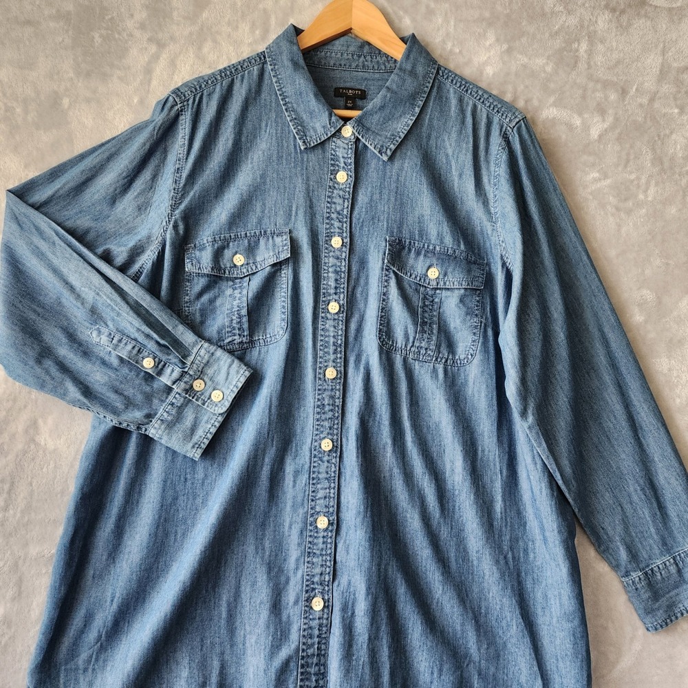 Talbots Denim Shirt Womens Size 2X Blue Button Up Top Pockets
